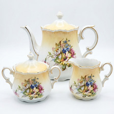 Vinrage Ivory Gold Floral Porcelain Tea Set 3pc Teapot Creamer Sugar Bowl Lids
