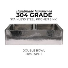 Handmade Hammered Stainless Steel Kitchen Sink – 304 Grade, Front Apron, Double