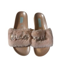 Betsey Johnson Blush Pink Faux Fur Brides Maid Slide Sandal Flat Shoes Sz 8