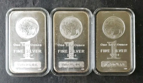 Lot of Three HM 1oz Silver Buffalo Bars in Capsules