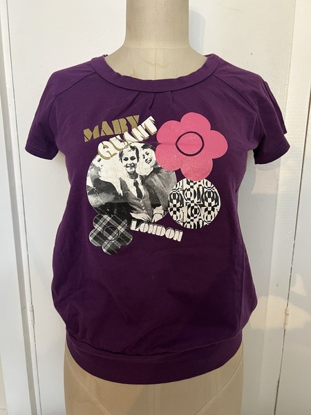 Mary Quant Purple Cotton Twiggy Graphic Raglan Sleeve Tee Japan Vintage MEDIUM