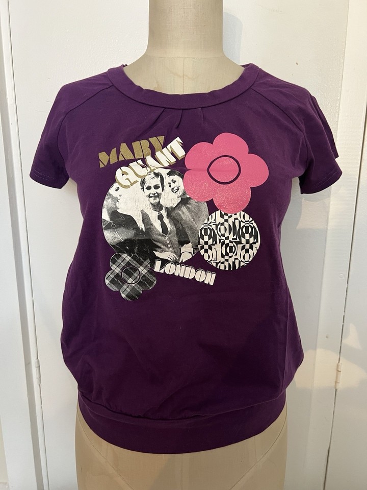 Mary Quant Purple Cotton Twiggy Graphic Raglan Sleeve Tee Japan Vintage MEDIUM