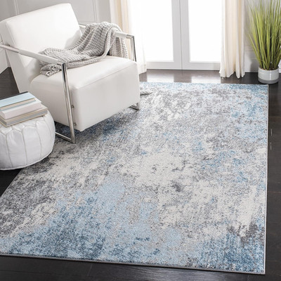 Tulum Collection Area Rug - 3' Square, Grey & Blue, Modern Abstract Design, Non-