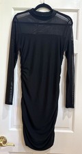 Women’s Black Bodycon Sheer Mesh Long Sleeve Midi Dress Medium Cocktail Ruched