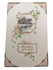 Antique Birthday Greetings Card Landscape Pink Flowers 1915 To Dale From Sarah 