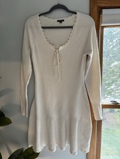 Wild Fable Ivory Knit Sweater Dress L Long Sleeve Scoop Neck Tie Scalloped Edge
