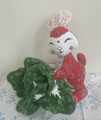 Fabric Bunny Rabbit Holding Cabbage Folk Art Doll Easter Spring Decor 14 