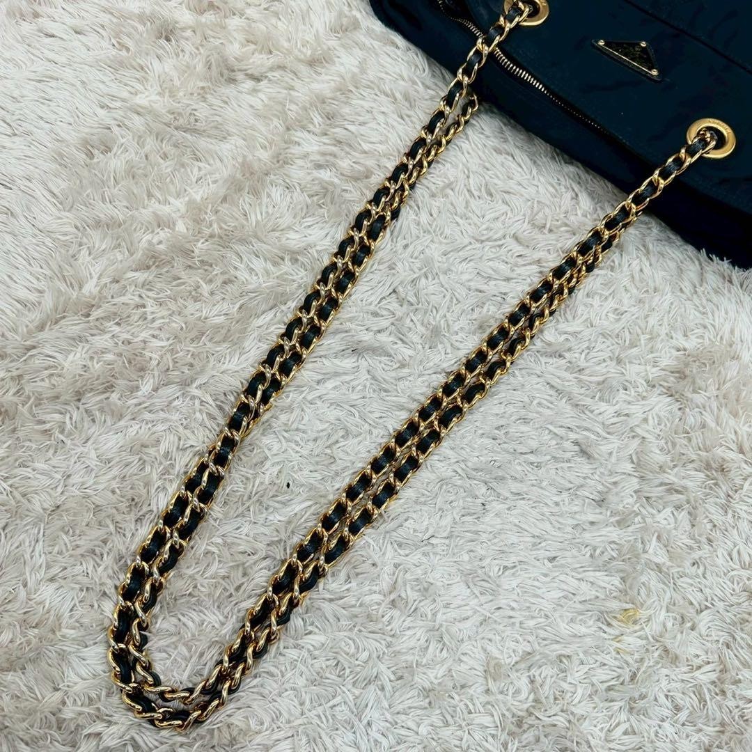 PRADA Chain Shoulder Bag Quilted Triangle Logo Navy thumbnail 5