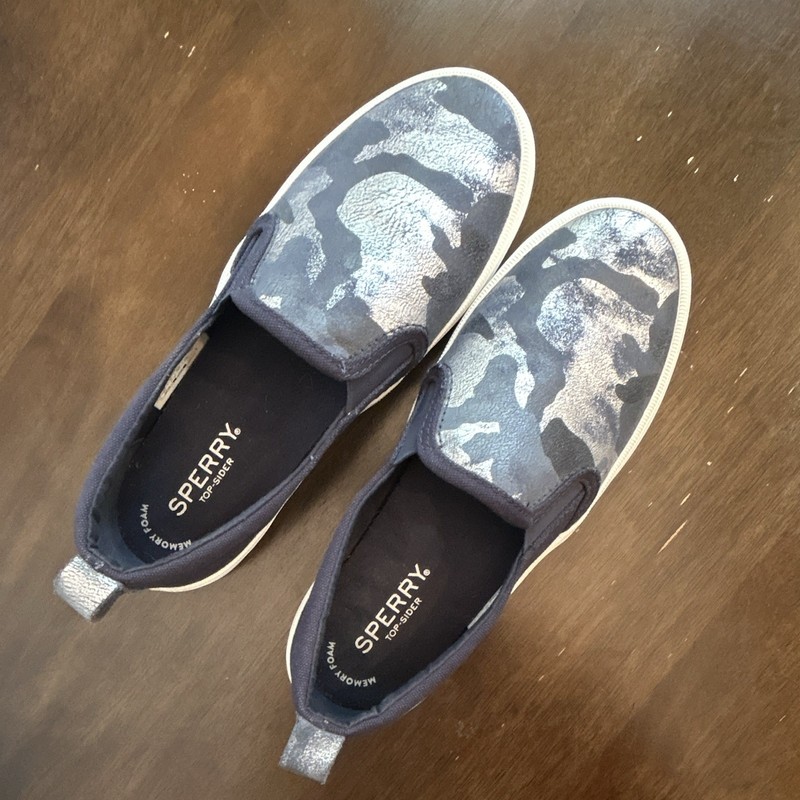 Sperry Men's 5.5 Blue/Gray Camo Canvas Slip-On Shoes Rubber Sole Pull Tab
