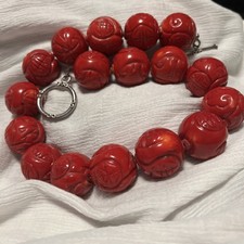 Statement Massive Red Carved Huge Cinnabar Beads Necklace With 17 Beads 22