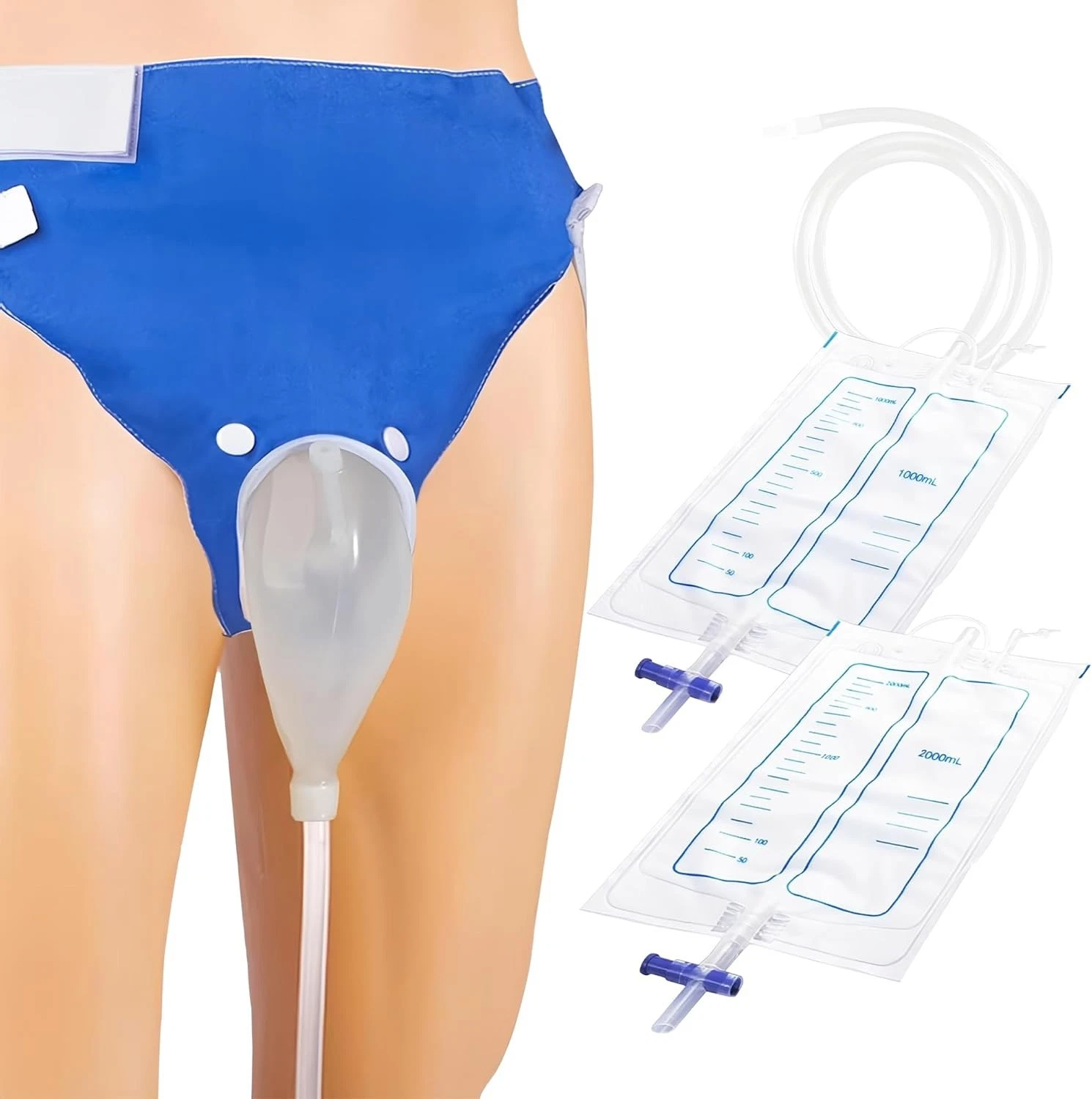 Reusable Wearable Urine Collection Bag Silicone Drainage Device 2 Bag System Men