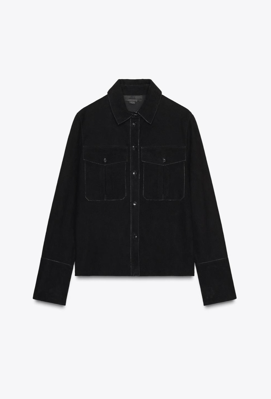 Zara 100percent Leather Suede Shirt Black Buttoned Womens size M Medium 5129/242 Rare image 2