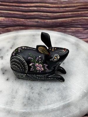 Vintage Lacquered Black Bunny/Rabbit Trinket Box Handpainted