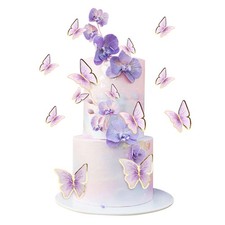 30Pcs 2D Waterproof Purple Butterfly Cake Topper Transparent Golden Butterfli...