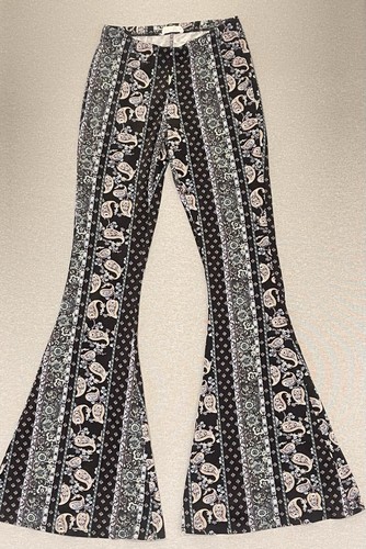 Black Paisley Flare Pants Y2K Boho Bell Bottom Stretch High Waist - Picture 1 of 6