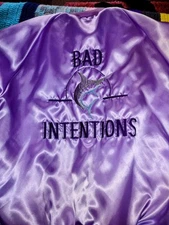 VTG West Ark Satin Bomber Jacket L USA Lavender Purple Marlin "BAD INTENTIONS"