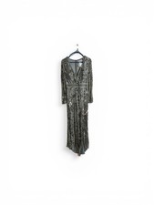 Mac Duggal Womens 6 Gray Sequins Jeweled Faux Wrap Maxi Gown Ball Dress NWT 6151