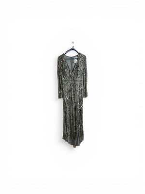 Mac Duggal Womens 6 Gray Sequins Jeweled Faux Wrap Maxi Gown Ball Dress NWT 6151