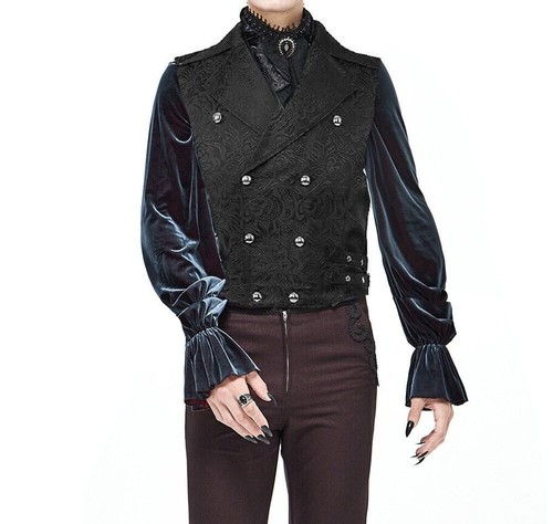 Men's Steampunk Vintage Black Brocade Vest Tailcoat Jacket Gothic Victorian Coat - Picture 5 of 6