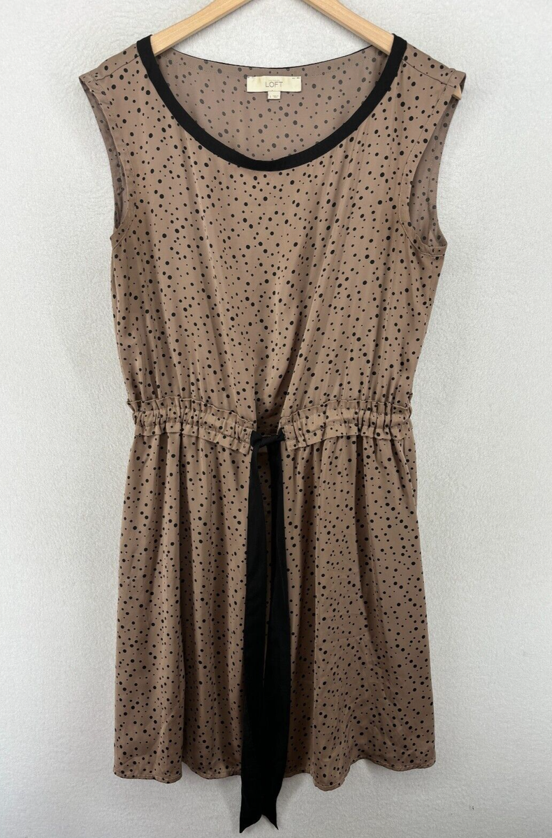ann taylor brown polka dot dress ANN TAYLOR LOFT Dress L Polka Dot Blouson Knee Length Cinched Sleeveless  Brown