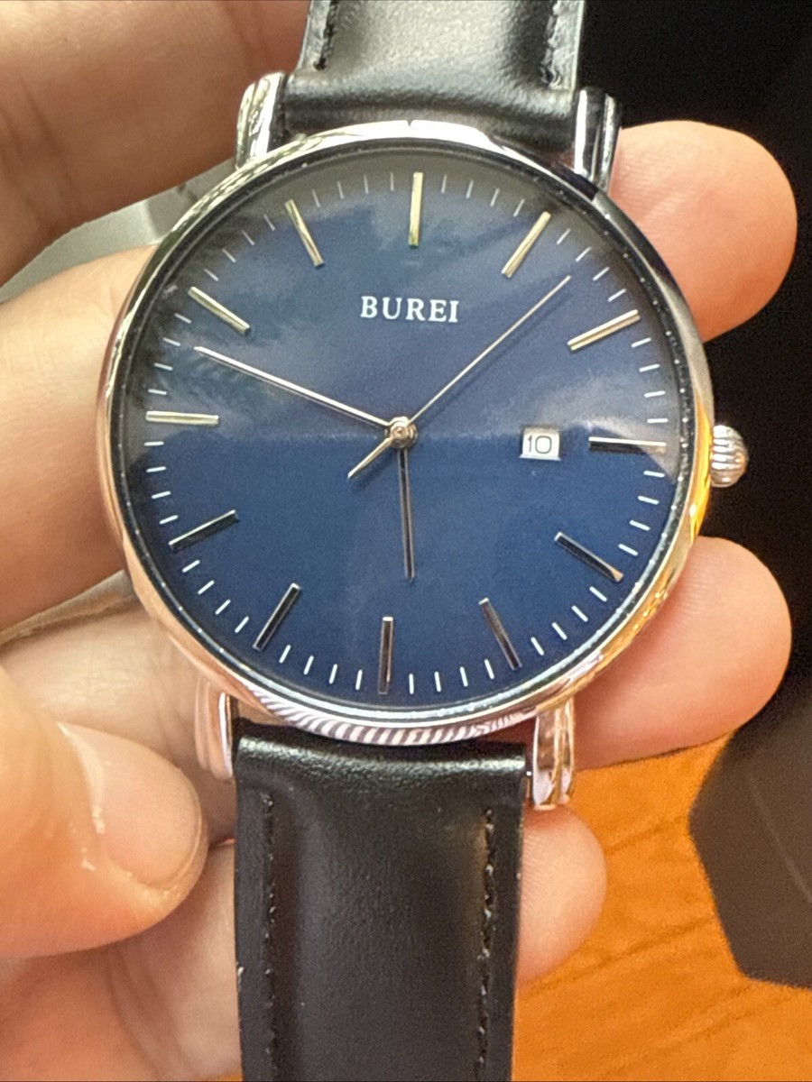 Burei Watch Men 41mm Silver Tone Blue Dial Date Black Leather New - Main Image