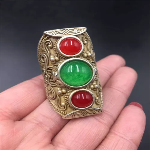 Curio Tibet Jade Little Finger Ring Copper Ring Finger Jewelry Antiques Pendant - Picture 1 of 10