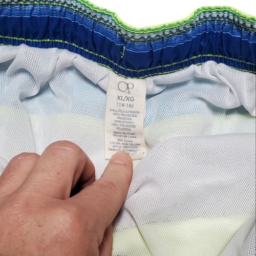 Youth Boys Bright Green Blue Striped OP swim Board shorts - Picture 7 of 9