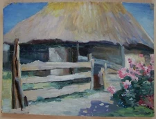 Ukrainian Soviet Oil Painting impressionism realism village hut flower garden