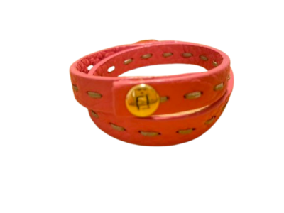 FENDI Pink Leather Bracelet Bangle Gold Metal Hardware Logo
