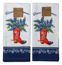 Set of 2 TEXAS BLUEBONNETS Cowboy Boot Kitchen Tea Towels by Kay Dee Designs
