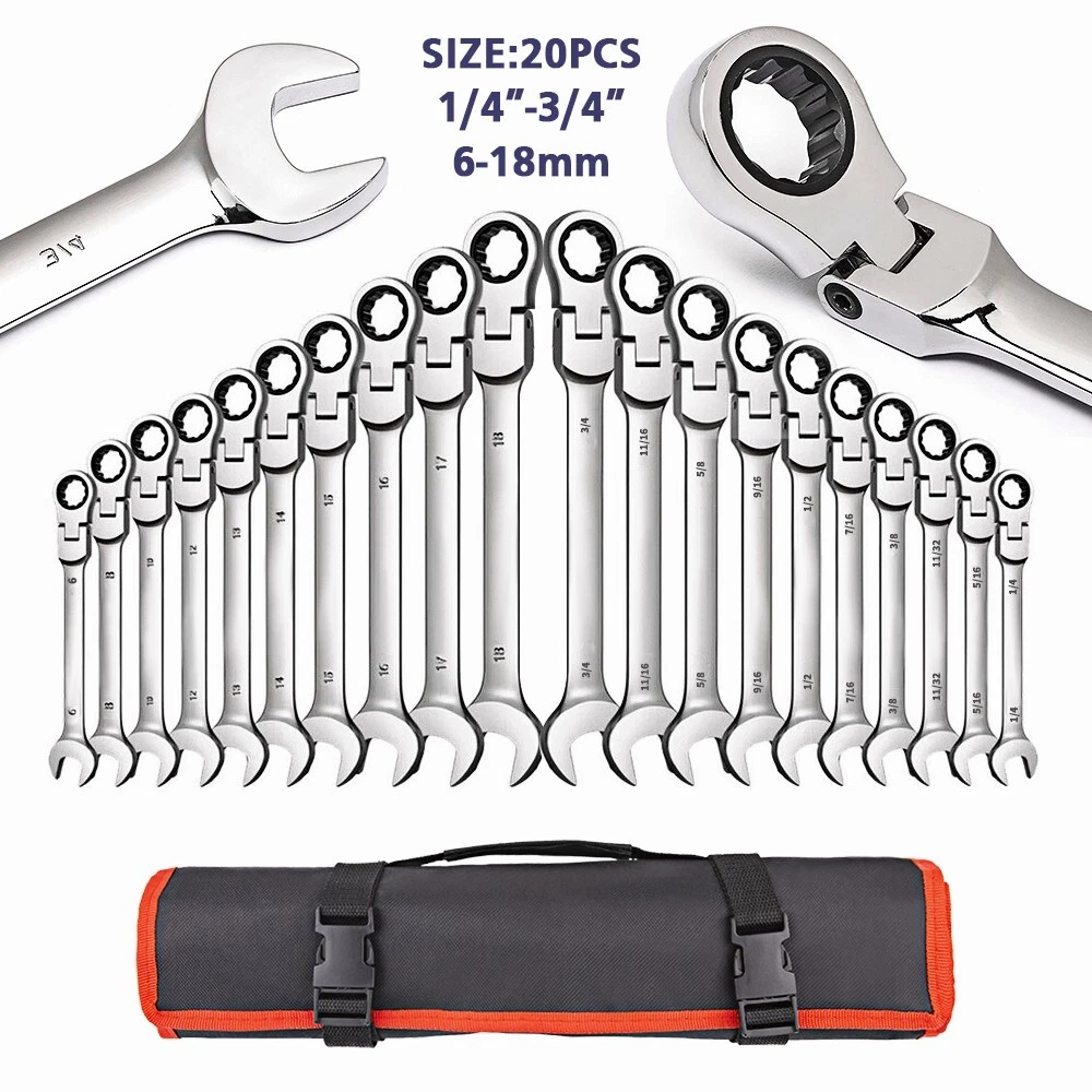 20 Piece SAE and Metric Ratcheting Wrench Set with Portable Roll