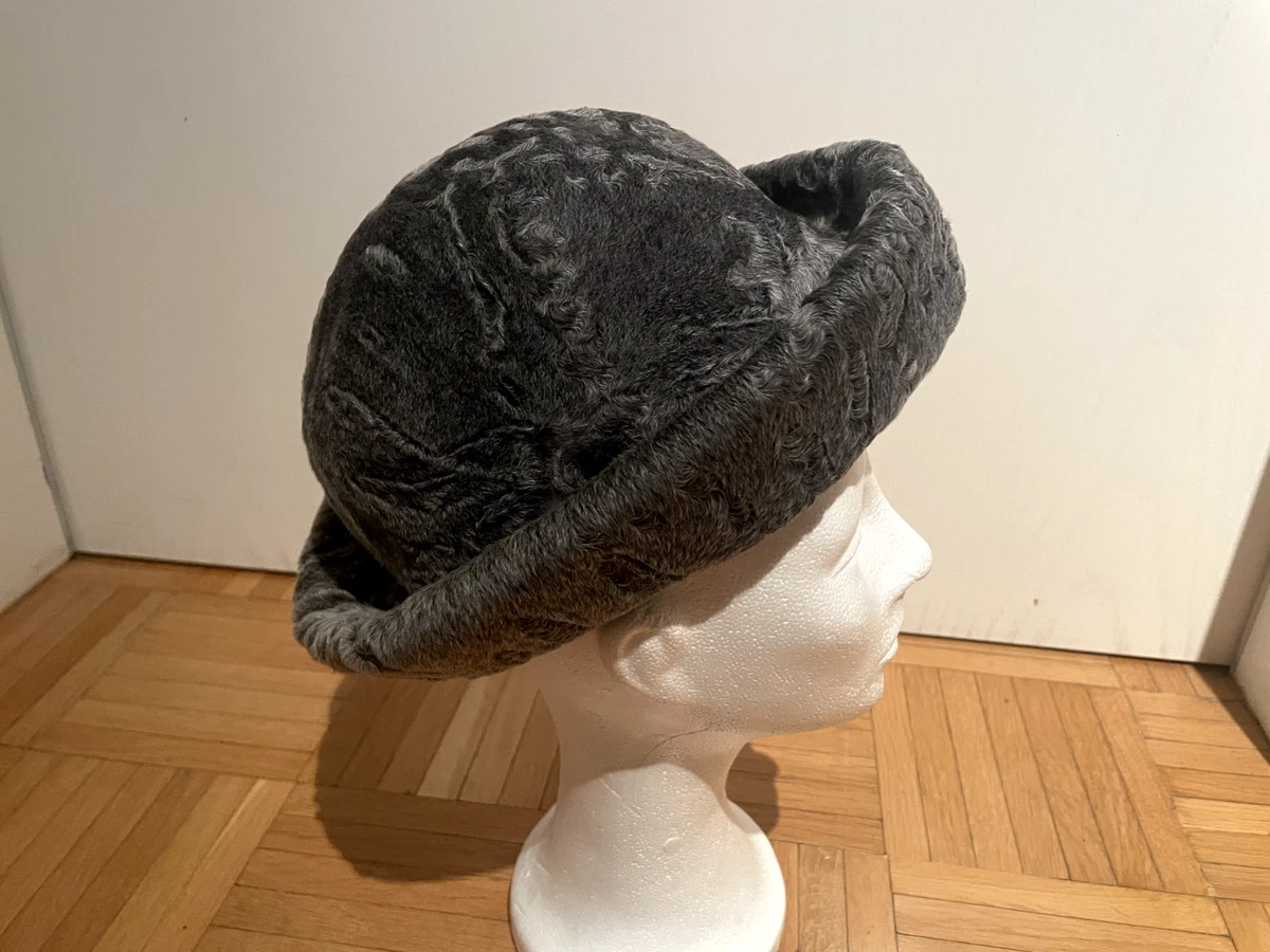Vintage Pelzkappe Pelzhut Pelz Kappe Damen Hut Mütze mit Krempe * grau