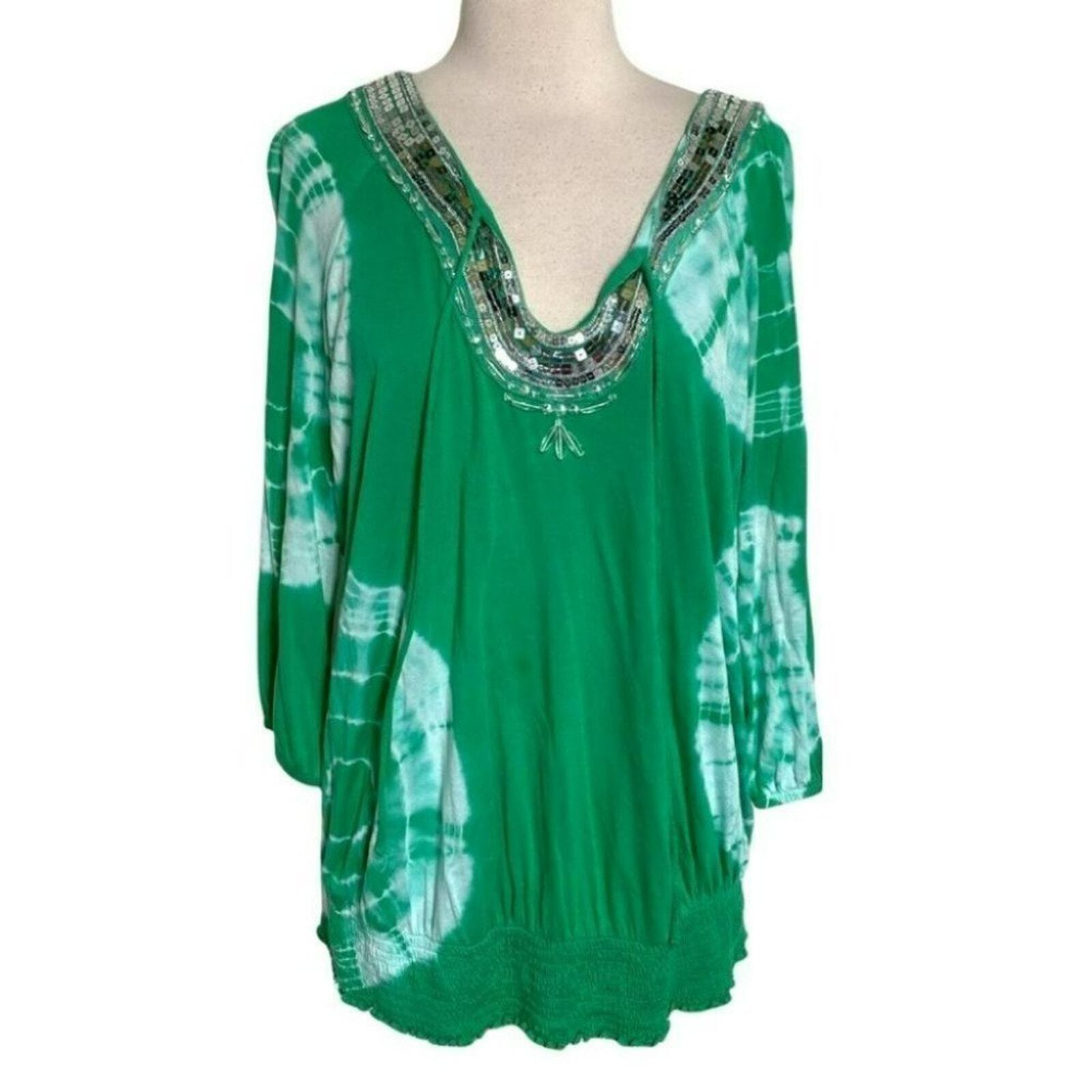 INC 0X boho green tie dyed sequined collar top St Patrick's Day Swiftie