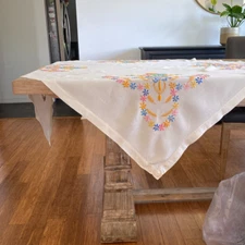 Vintage Embroidered Linen Floral Tablecloth or Table Throw - 50x46"