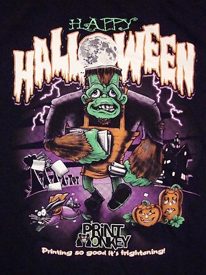 Happy Halloween Print Monkey Frankenstein T Shirt L