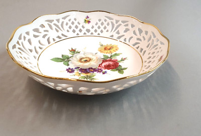 Wunderschöne SCHALE Form Marienbad Ingres Weiß Blumenmotiv Goldrand 18,5 cm
