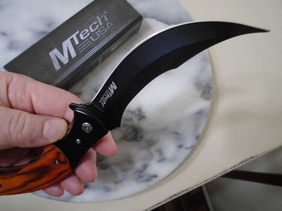 Mtech Assisted Open Scimitar Pocket Knife Fancy Wood Folder Skinner MT-A2023WD - Image 2 of 4