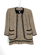 St. John Size 4 Tan/Black Tweed Pleated Trim Designer Skirt Suit