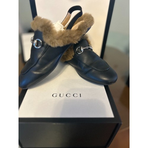 GUCCI Black Leather Horsebit Princetown FurLined Mules  Womens Size 6 G2U