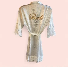 Bridal Bride Robe Short White Sexy Bathrobe Gift with Gold Embroidery lace trim