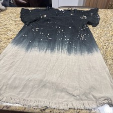 Umgee Boho Bleach Dip Dye Linen Blend Shift Dress Black Cream Fringed Pockets L