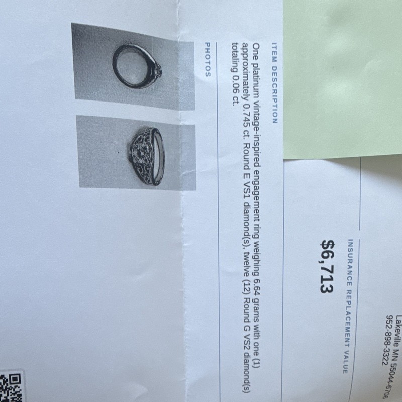 Platinum Natural Round Diamond Engagement Ring VS1 .745ctw Size 6.5.