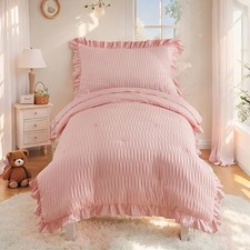 4 Piece Textured Seersucker Bedding Set Girls Crib Sheets Set Pink Ruffle Bab...