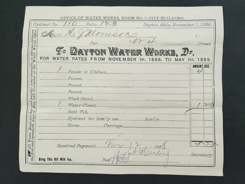 1888 antique DAYTON WATER WORKS dayton oh WATER RATES BILLHEAD Mrs D H MORRISON