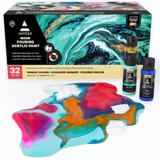 Acrylic Pouring Paint Set of 32, 2 ounce Bottles, Assorted Colors, High Flow ...
