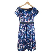 Lindy Bop Women’s Purple Blue Retro Floral Short Sleeve Jaci Flare Tea Dress S