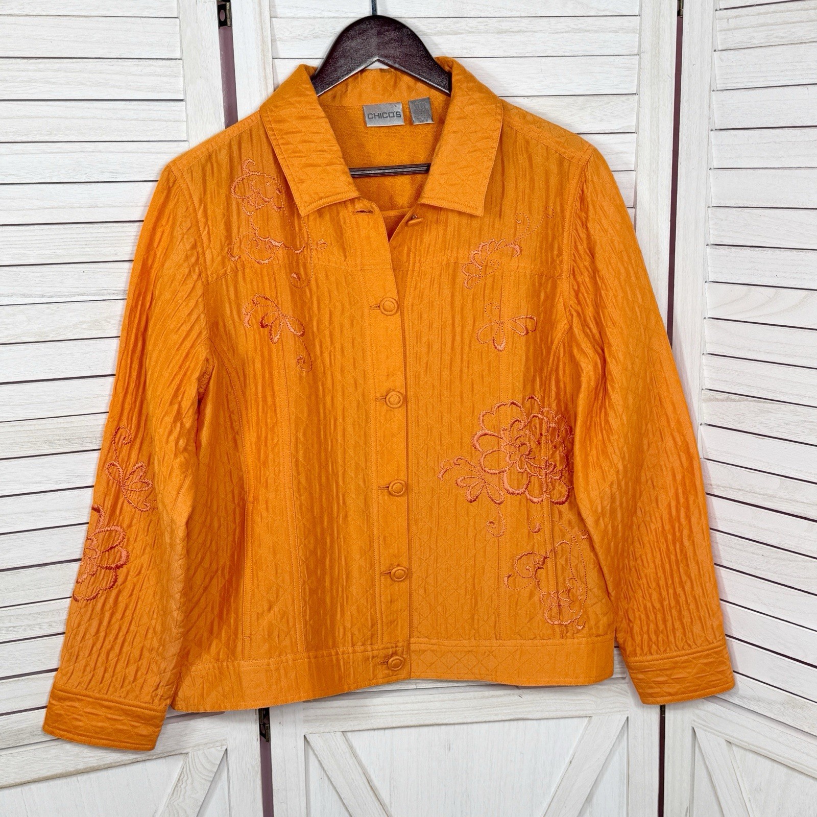 Chico’s Jacket Large 2 Orange Boho Embroidered Qu… - image 7