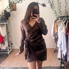 Brown Satin Leopard Print Long Sleeve Wrap Dress Size Small