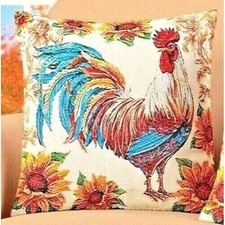 Rooster Sunflowers Pillow Cover Zippered Farmhouse Red Blue Tan 17.5" Square NEW