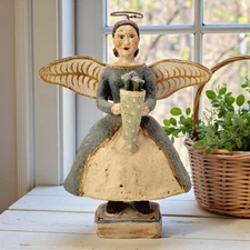 Primitive Folk Art Style Angel Blue Dress Purple Flowers Gold Tipped Wings 7"